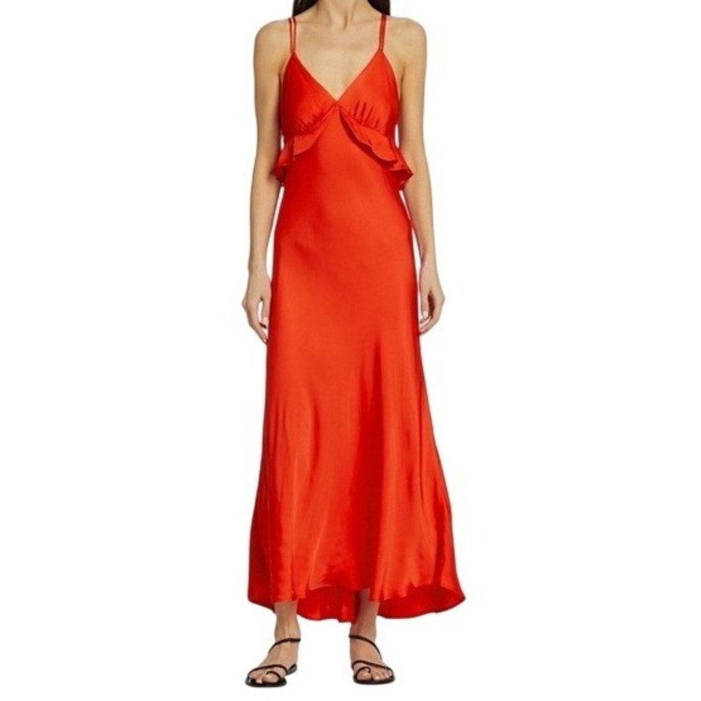 Farm Rio Womens Red Ruffle V-Neck Open Tie Back Maxi Slip Dress Size M